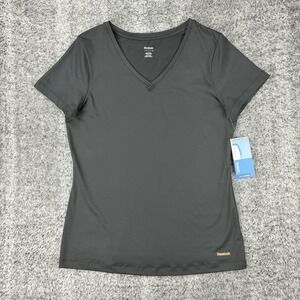 Reebok‎ PlayDry Women's Large SS Poly Top Black V-Neck Athletic T-Shirt NEW